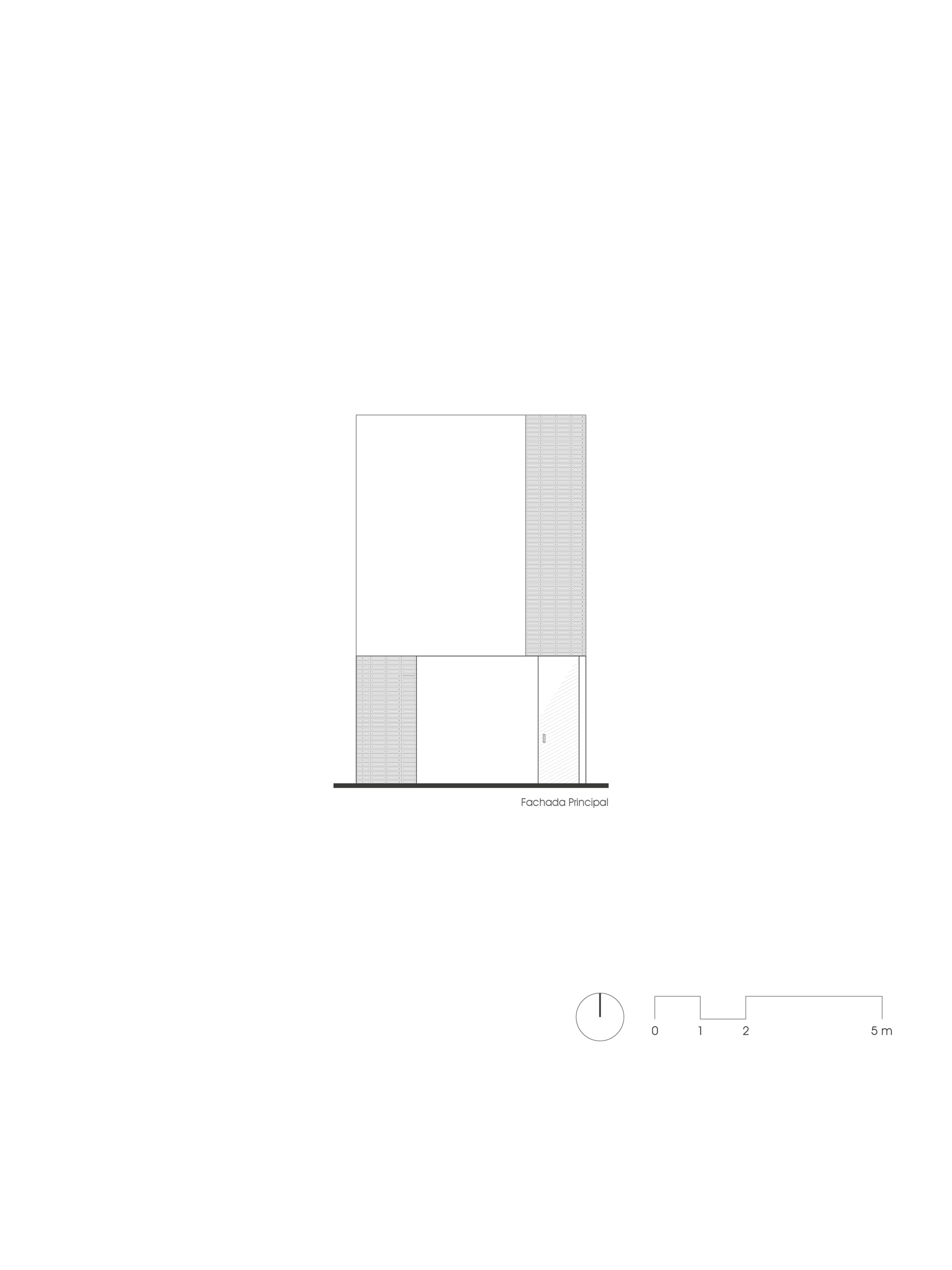 Elevation drawing showing a two-story facade with textured brick panels and a recessed entry door