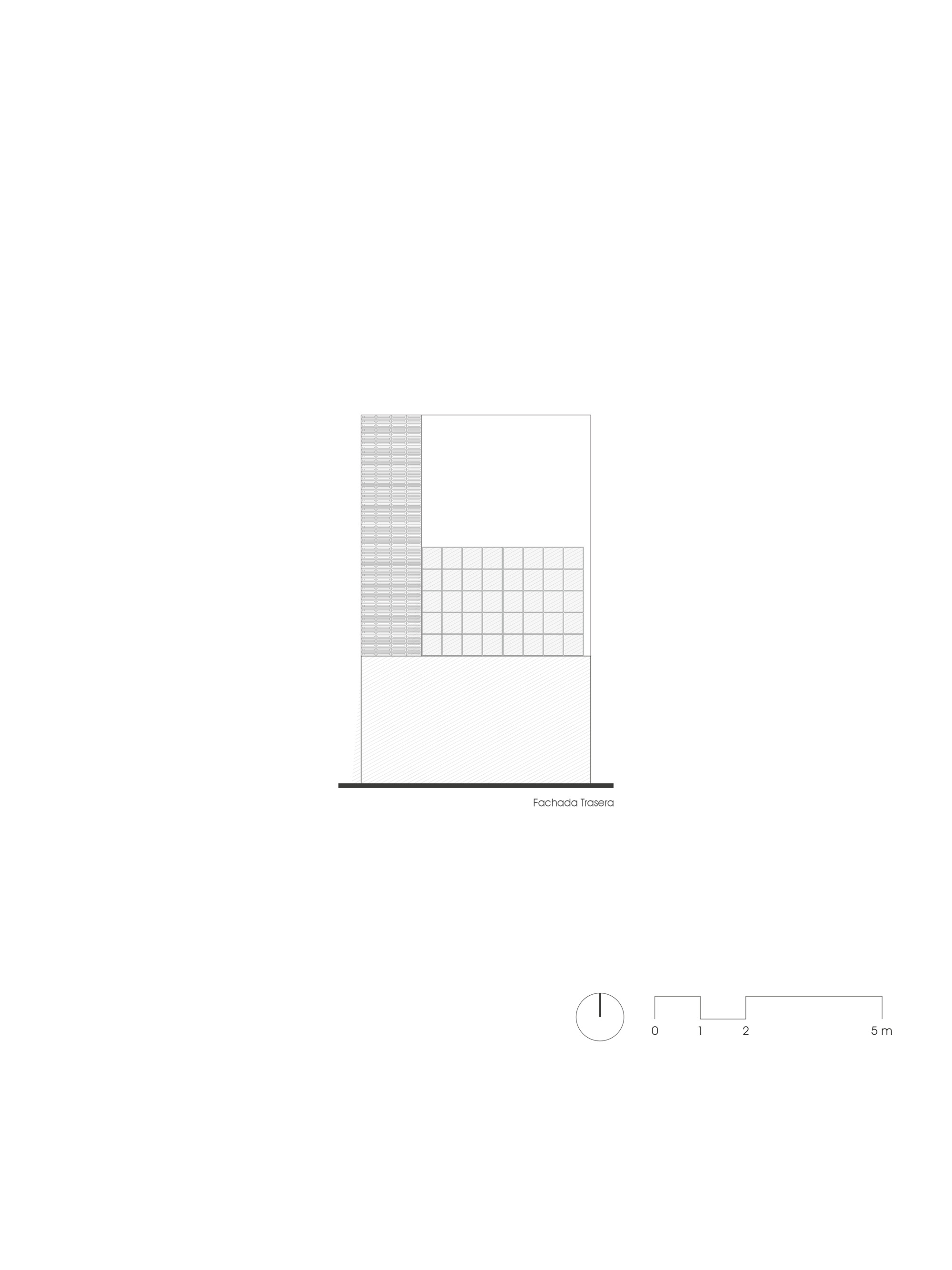 Elevation drawing showing a two-story facade with vertical brick band and grid-patterned upper balcony