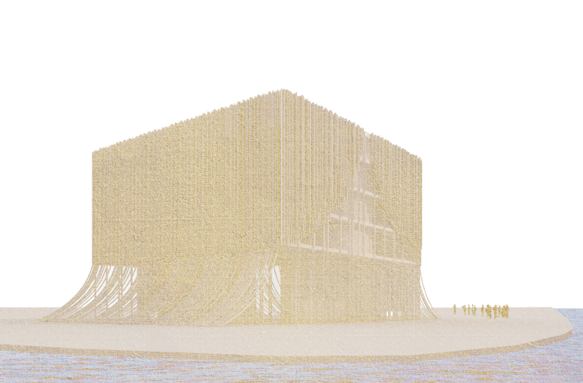 A monumental sea-facing view reveals the opera house wrapped in rhythmic vertical elements inspired by flowing water