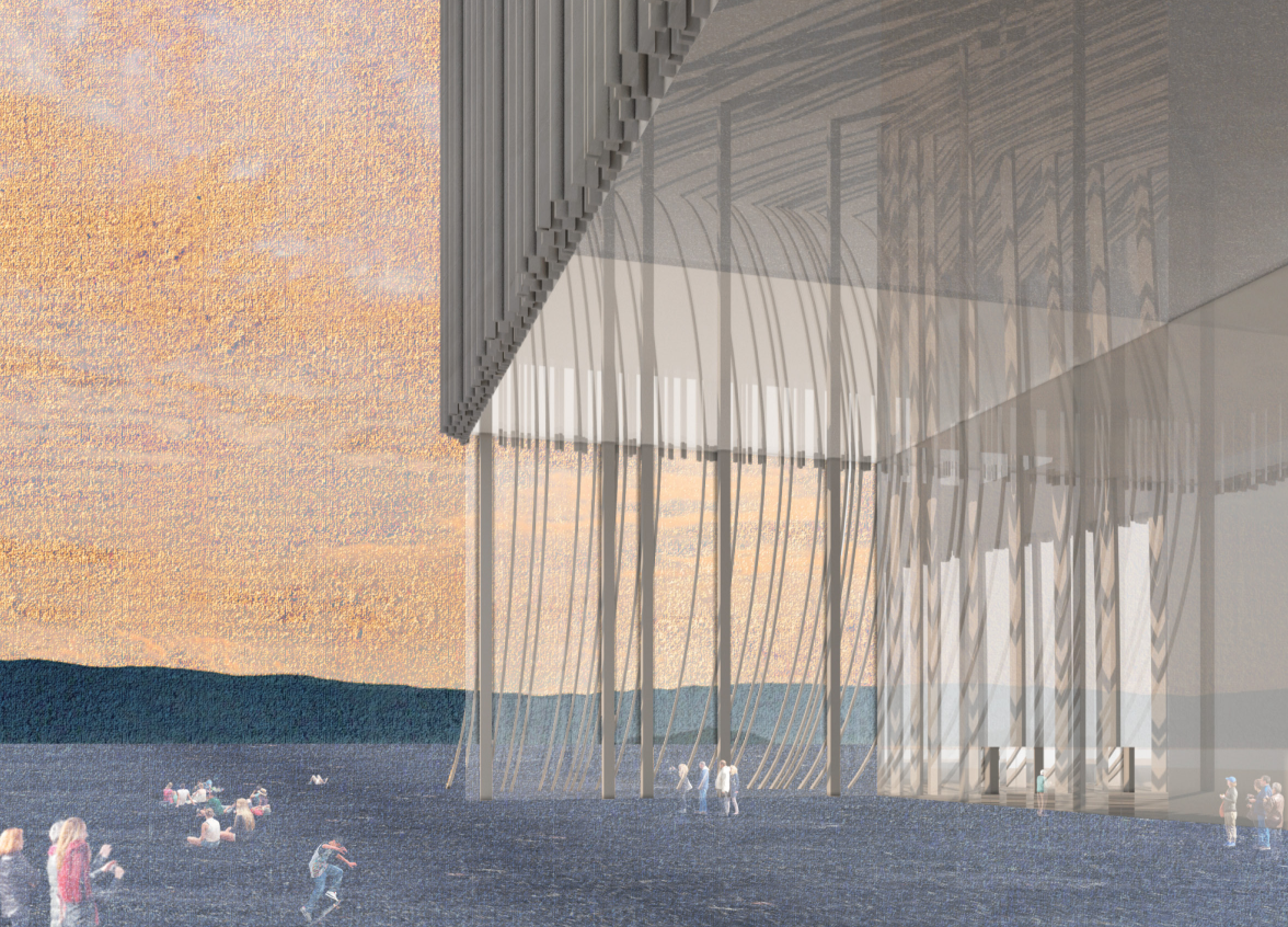The transparent entrance creates a sheltered public threshold while maintaining a strong visual connection to the surrounding sea