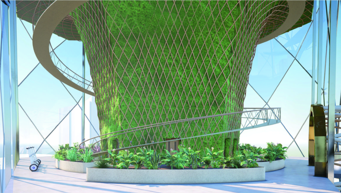 The sky terminal combines vertical greenery, circulation, and future mobility within the tower.