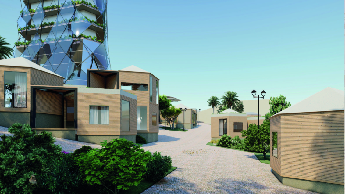 Modular housing clusters create an adaptable residential community around the central tower