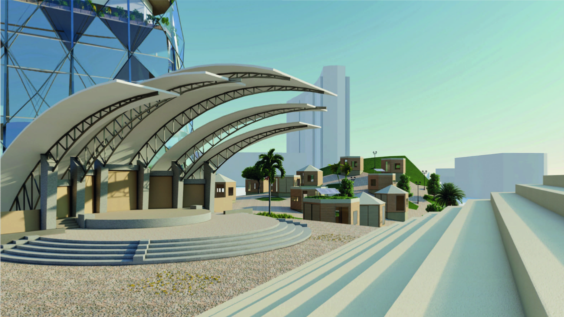 An open-air stage supports performances, talks, exhibitions, and communal events.