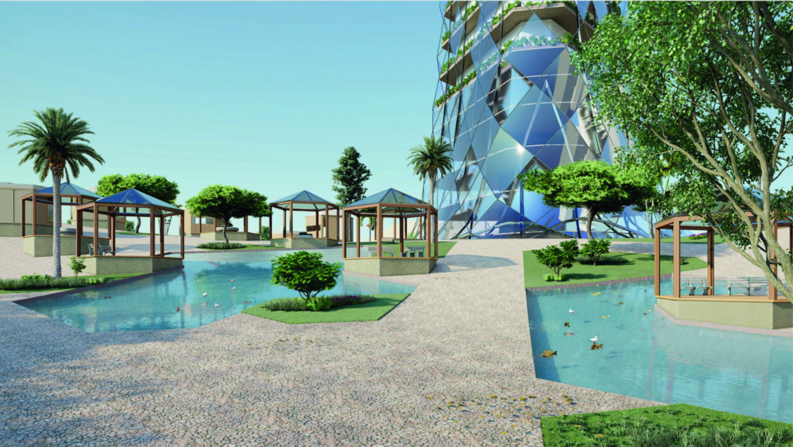 Landscaped ponds and pavilion modules form a green public realm around the tower.