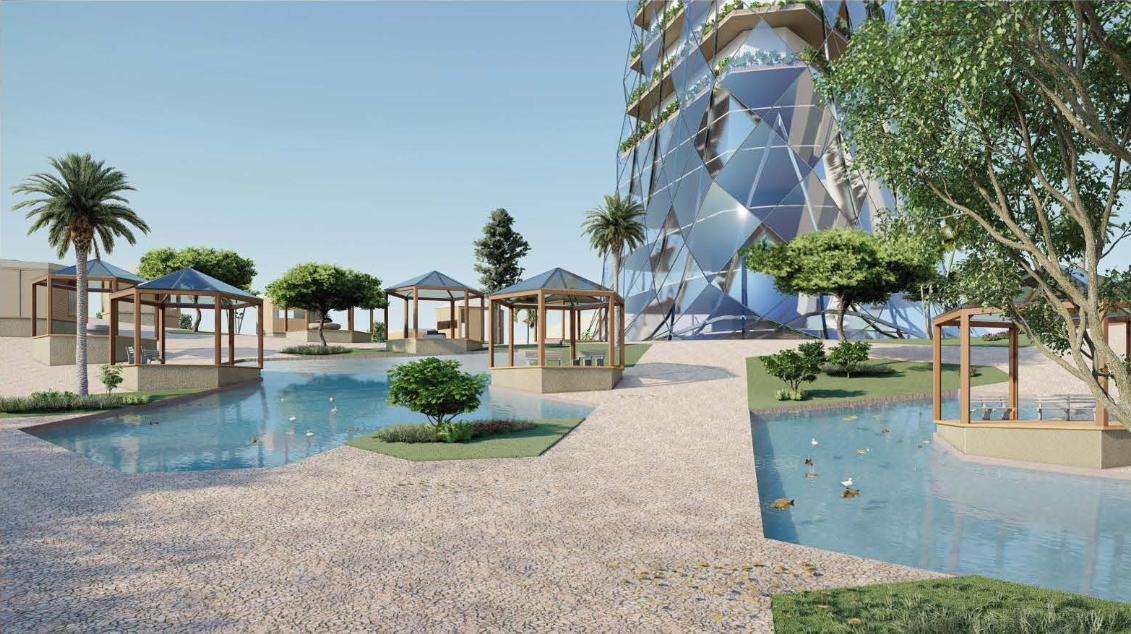 Modular pavilions, water features, and planted areas encourage outdoor work, leisure, and interaction.