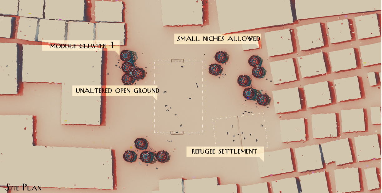 Site plan showing Playducation modules clustered around open play areas within a refugee settlement.