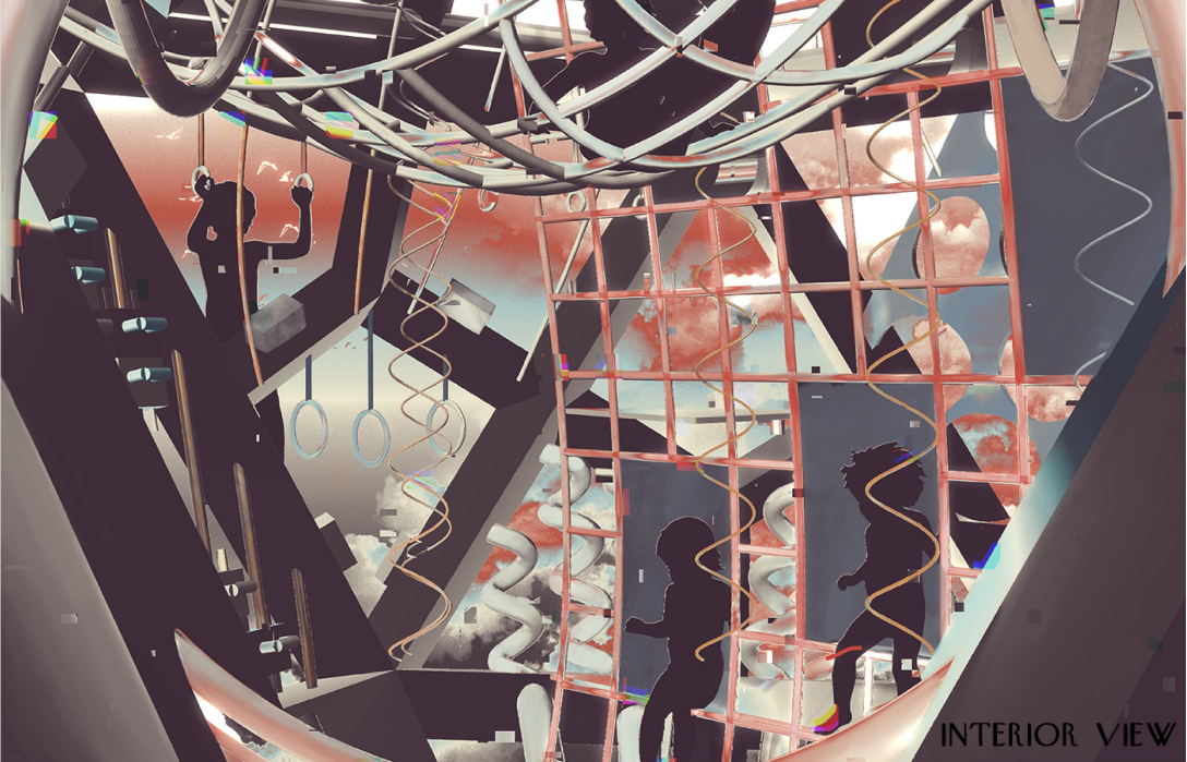 Interior view revealing climbing nets, hoops, tactile elements, and layered play zones within the geometric frame.