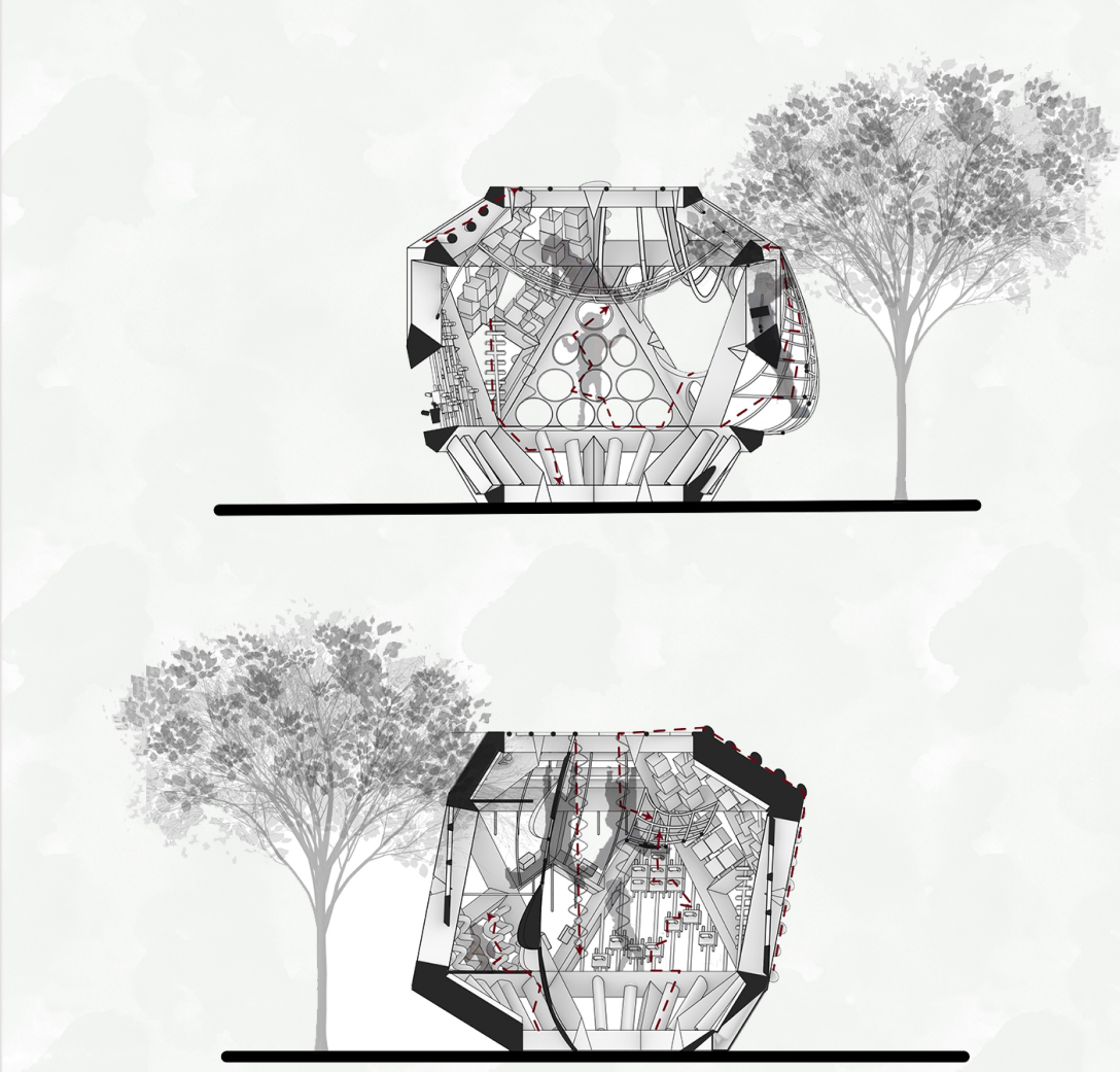 Sectional drawings illustrating the module’s internal circulation, play equipment, and spatial organization.