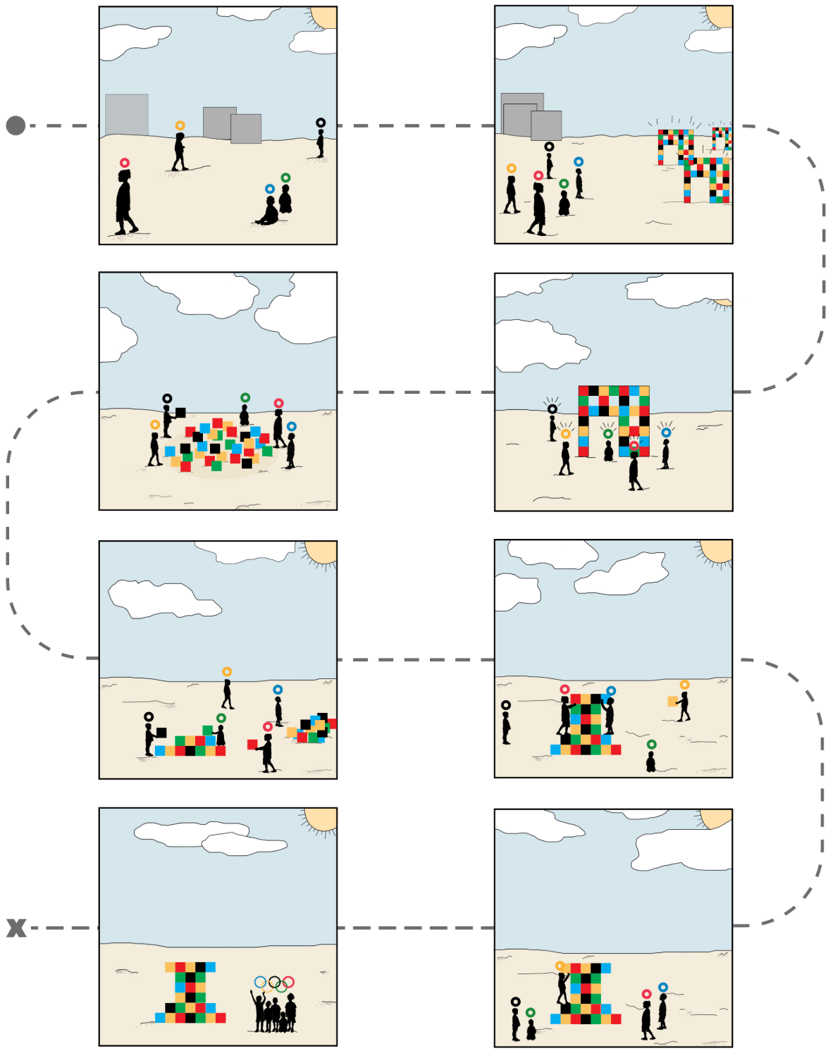 Sequential diagrams show children transforming modular blocks into changing structures through collaborative play.