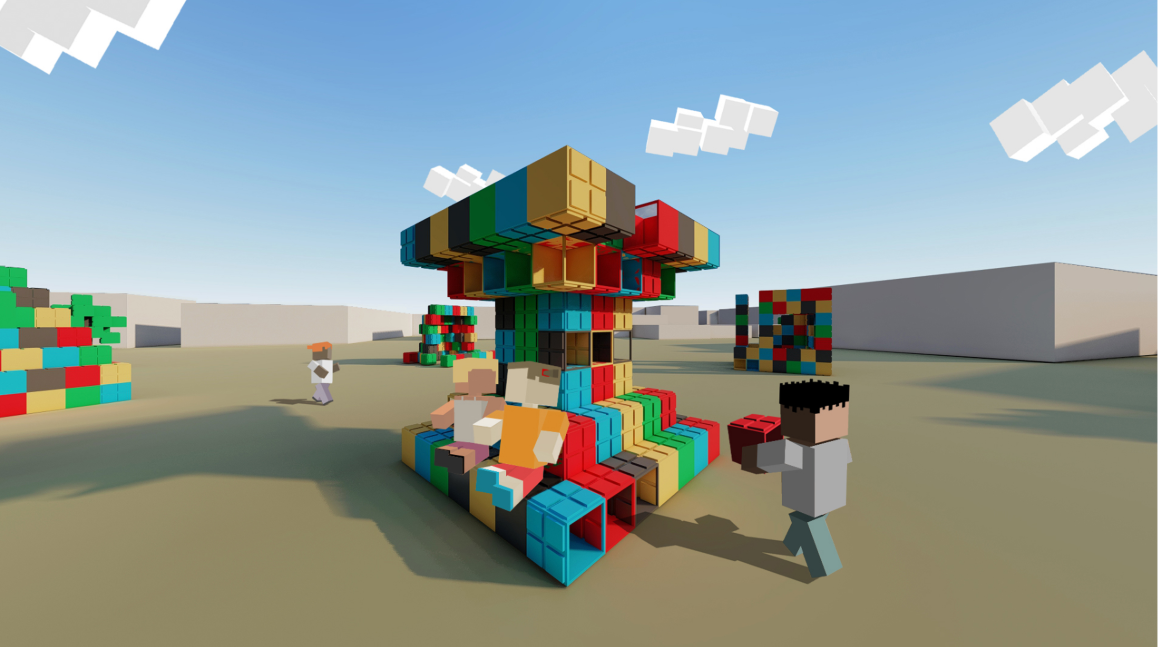 Reconfigurable blocks create seating, shelter, shade, and playful structures within an open community space.