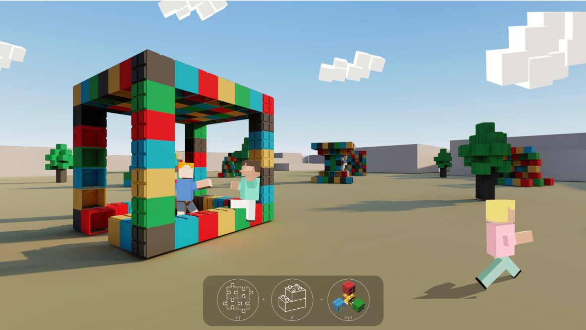 A flexible modular frame demonstrates how interlocking components can support multiple spatial arrangements.