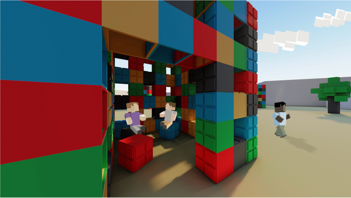 An interior view reveals how colorful modules form enclosed spaces for interaction, play, and social exchange.