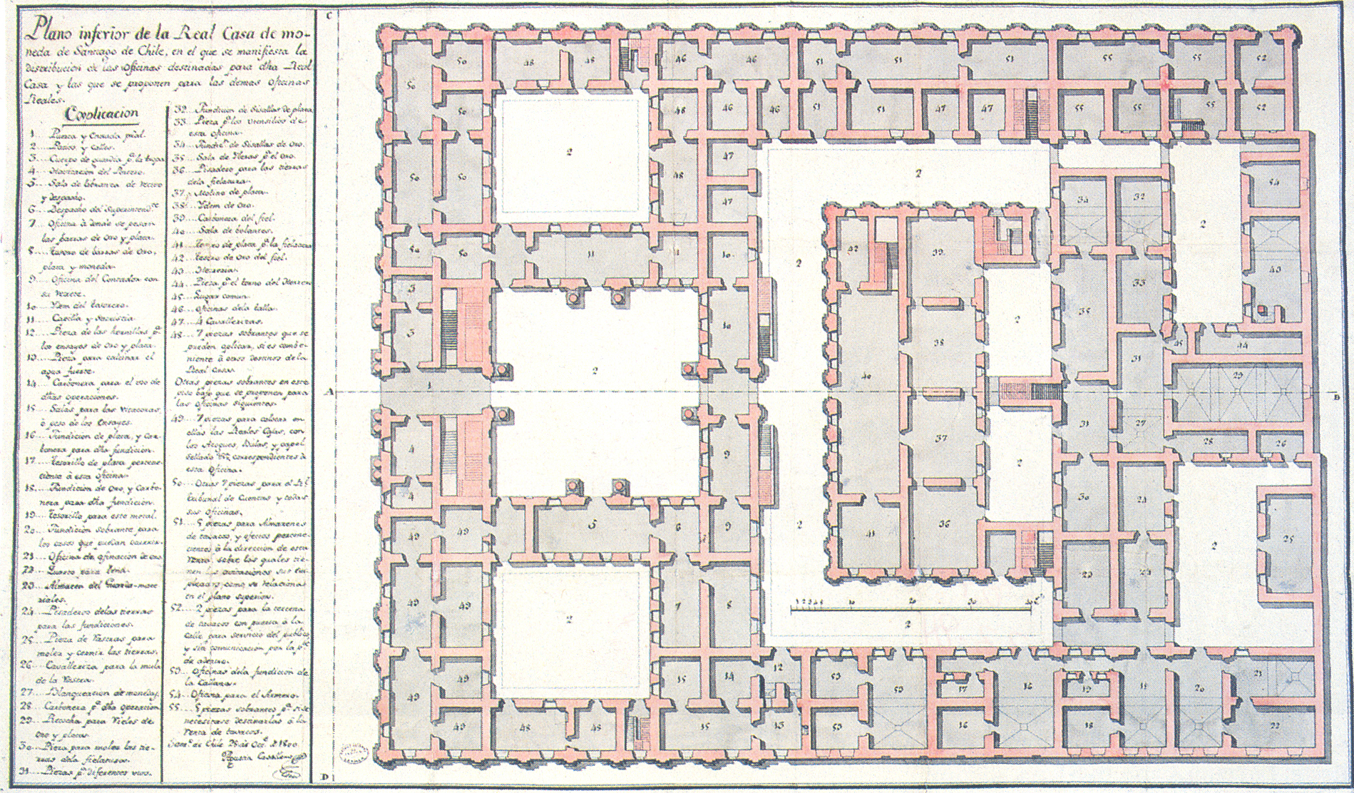 Historic floor plan drawing with handwritten legend depicting a palace with three internal courtyards and perimeter chambers