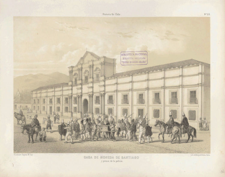 Lithograph of the street facade with mounted cavalry and pedestrians in the foreground beneath mountain backdrop