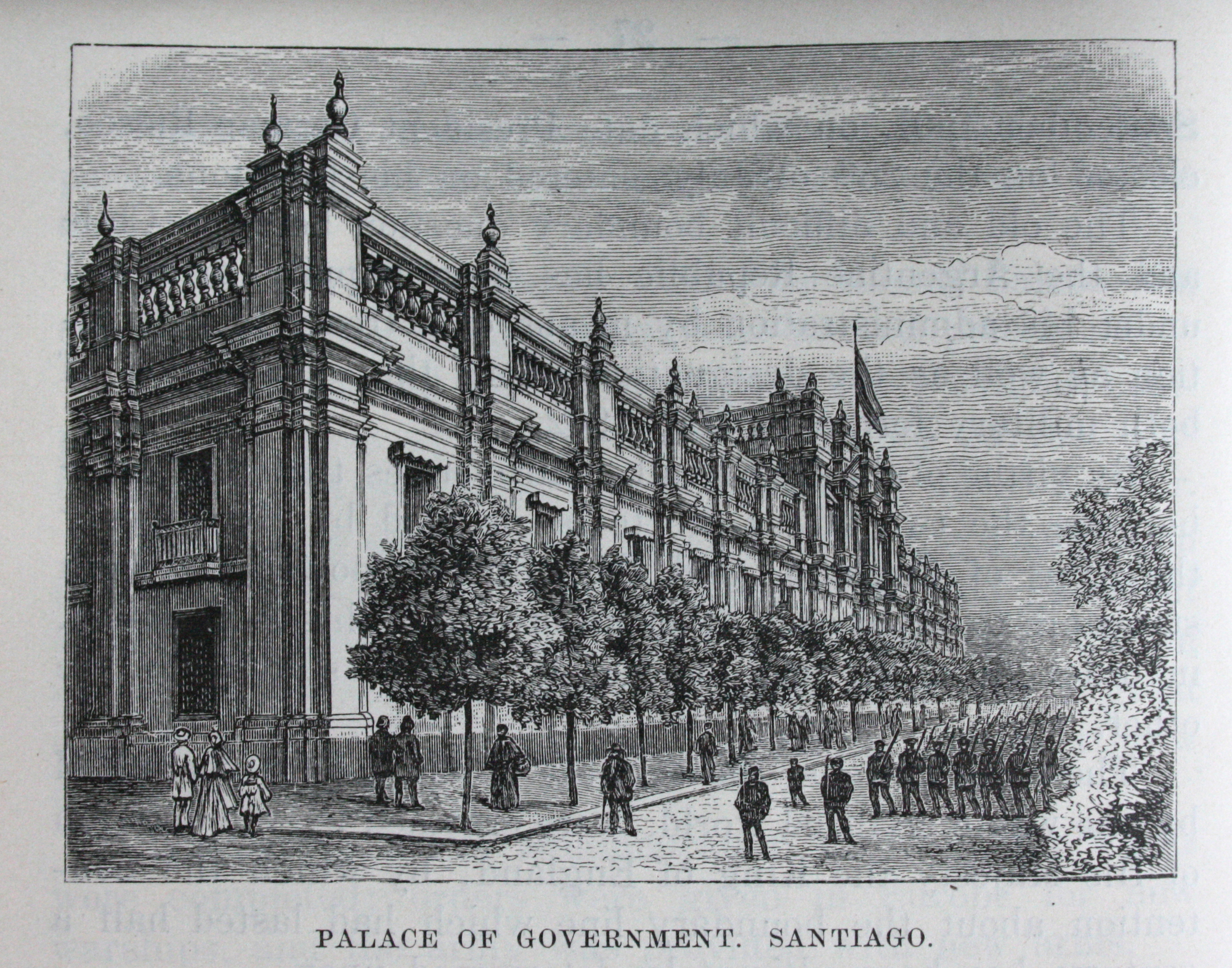 Engraving of the ornate palace facade with balustrade balconies, soldiers in formation, and tree-lined street