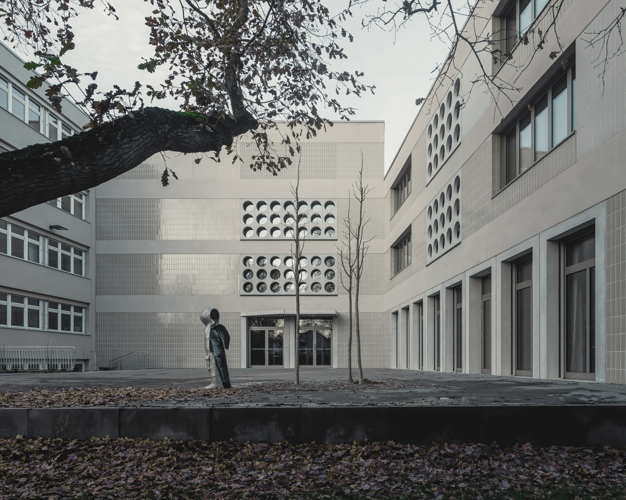 Courtyard view between buildings with a person walking beneath bare tree branches and fallen leaves