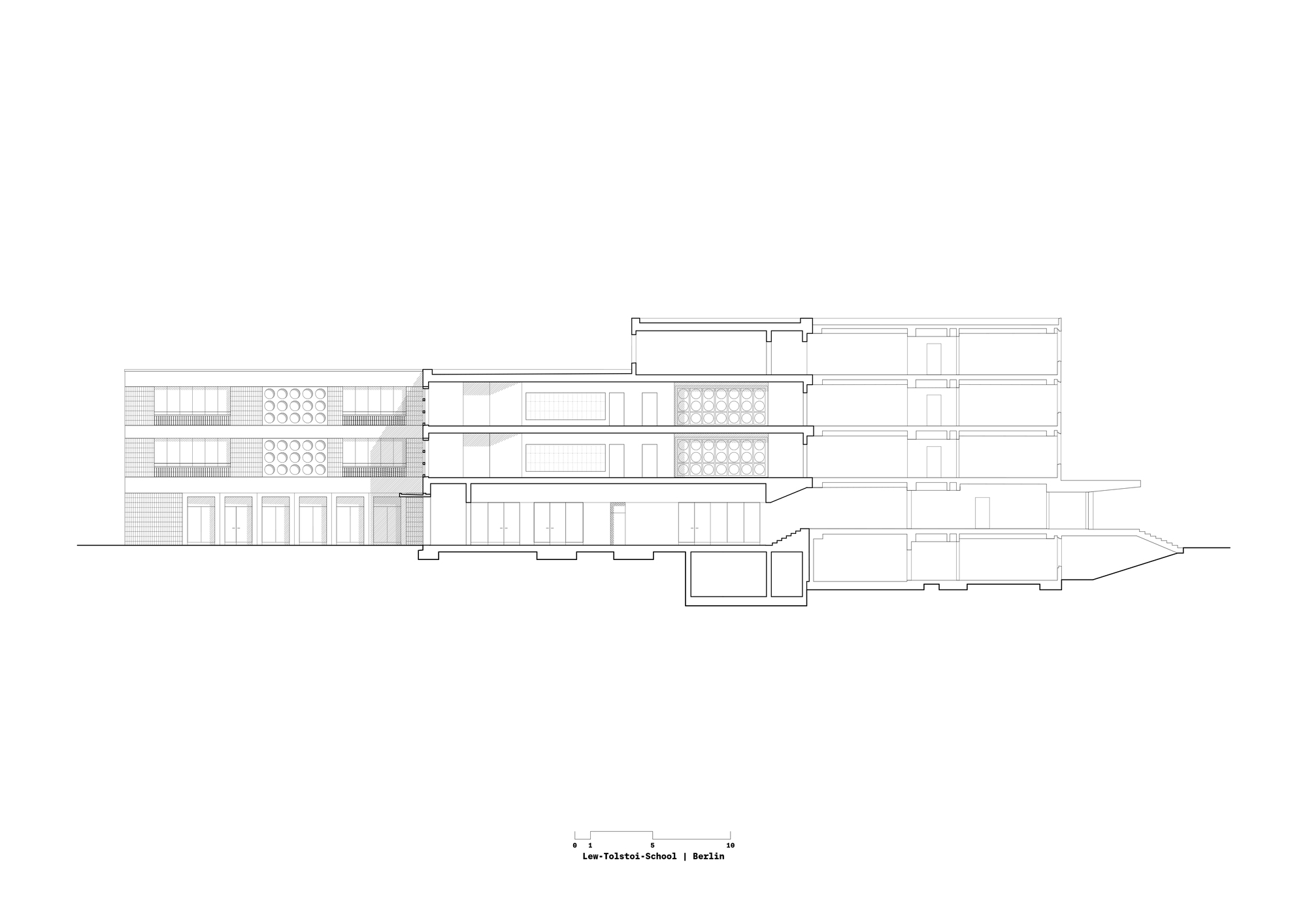 Section drawing showing the layered interior spaces and underground levels of the structure