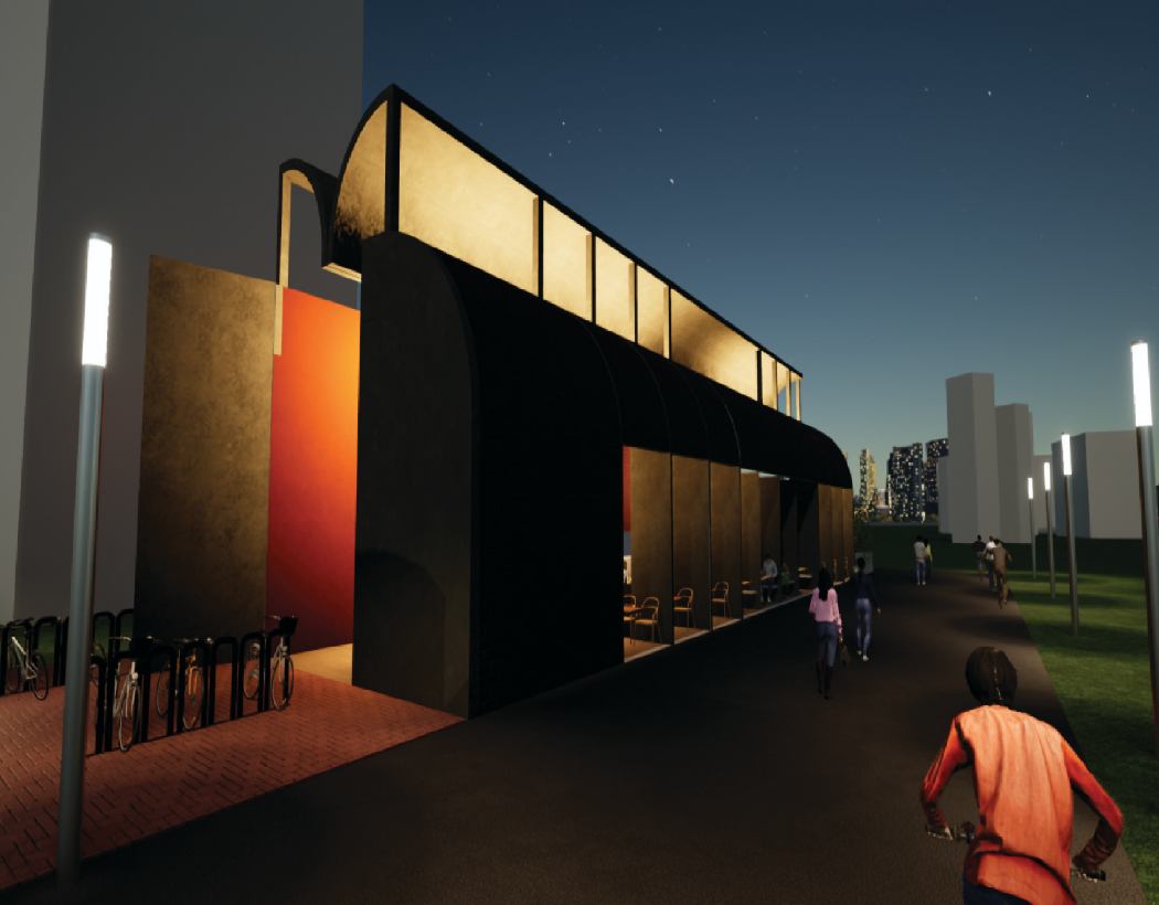 Night view of the coffee house showing its illuminated upper volume and active street-facing facade.