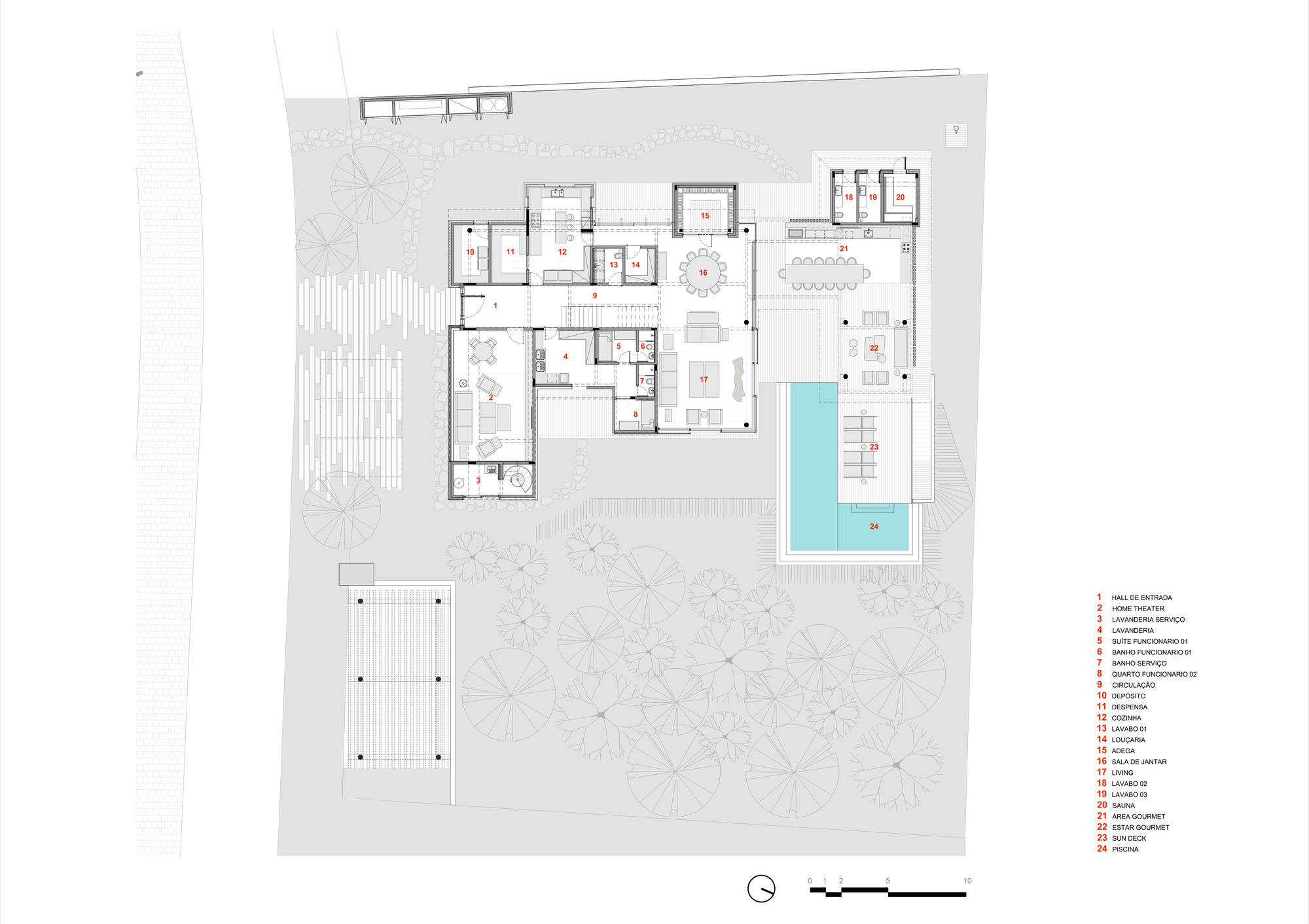 Ground floor plan drawing showing residential wings arranged around a central pool and garden
