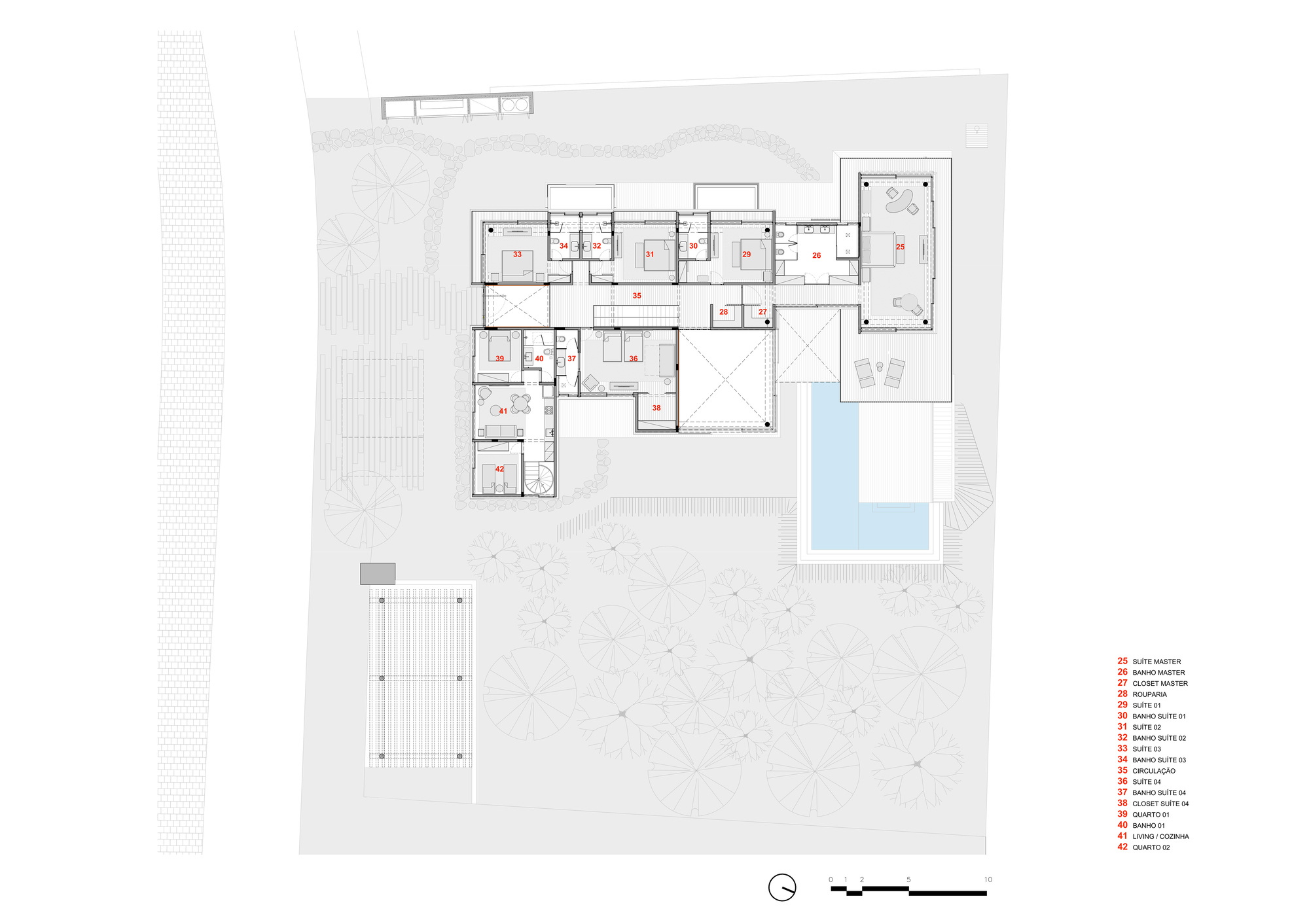 Upper floor plan drawing showing bedroom suites and circulation spaces with pool below