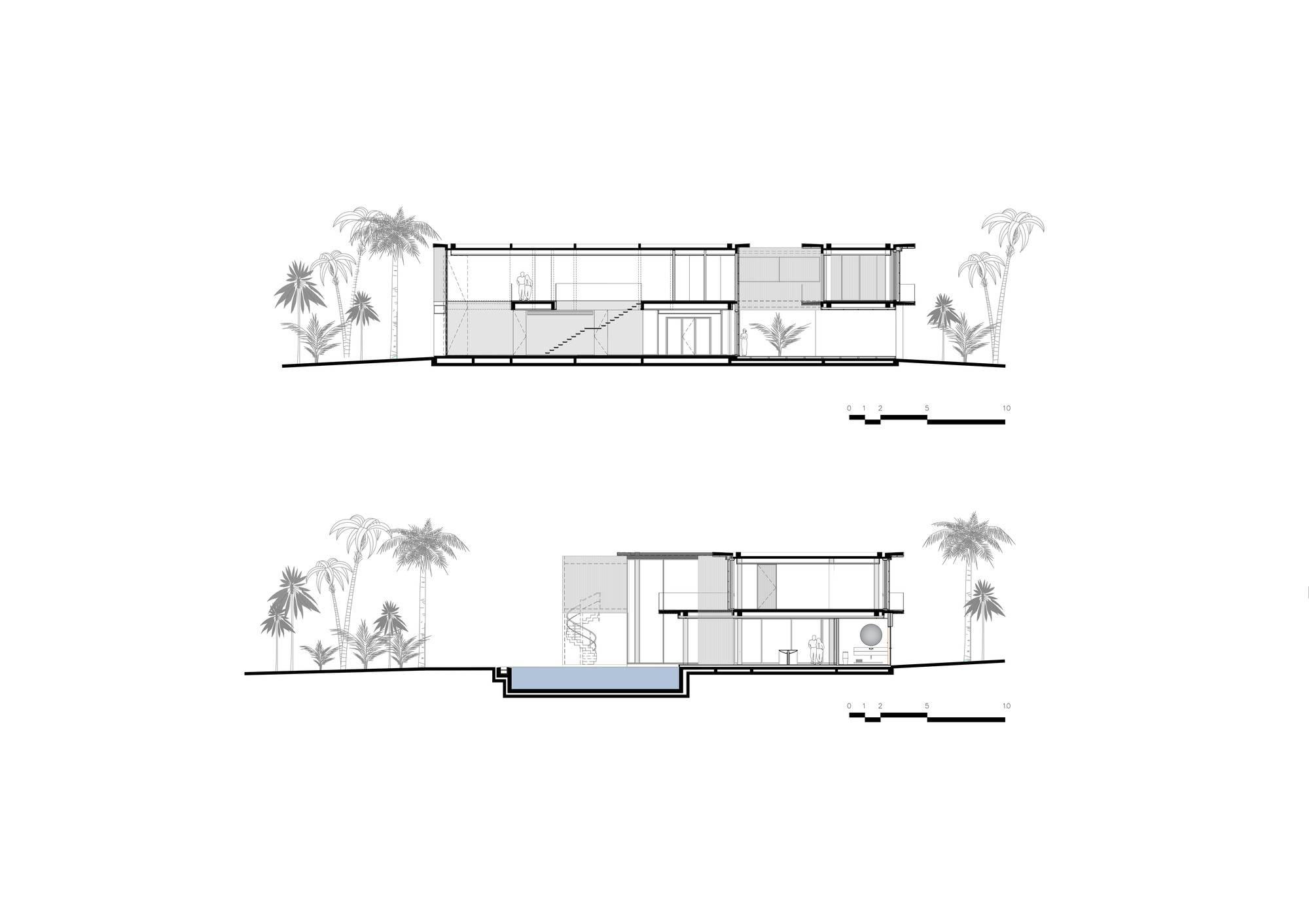 Section drawings showing two-story volumes with stepped terraces and palm trees in profile