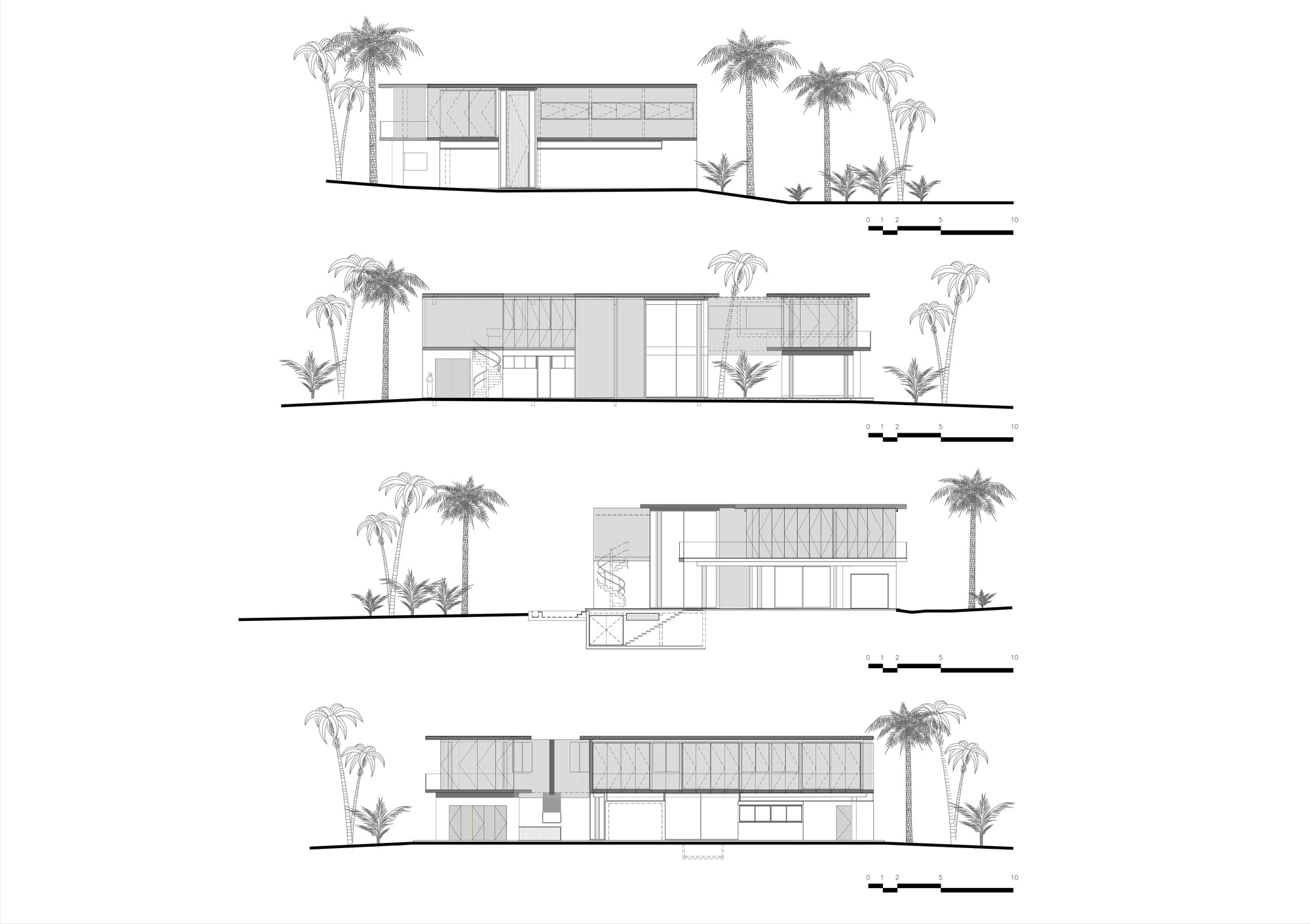 Elevation drawings showing four facades with horizontal timber screens and palm tree landscaping