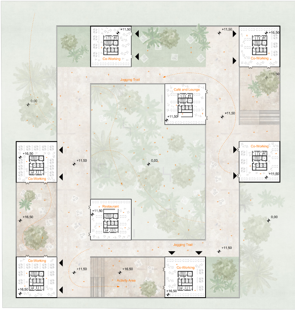 Elevated communal terraces combine co-working hubs, cafés and green spaces, promoting collaboration while strengthening the relationship between architecture and nature.