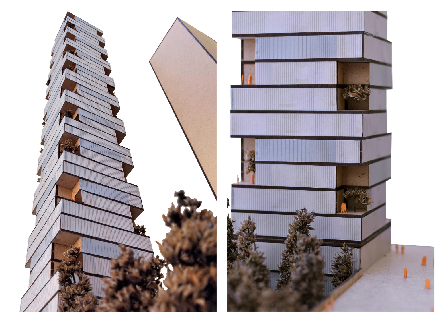 Detailed model views highlight the rotating floor plates and modular co-living architecture, creating distinctive terraces and flexible communal environments.