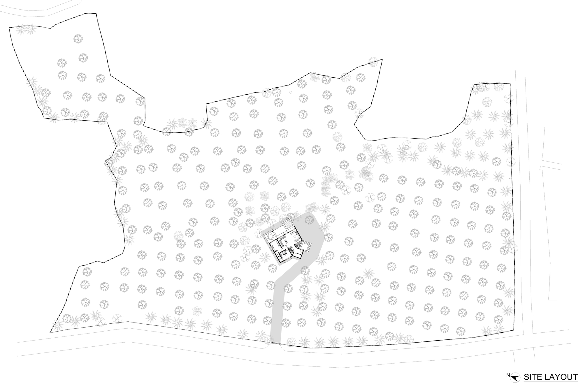 Site layout plan showing a central building footprint surrounded by tree symbols across an irregular plot