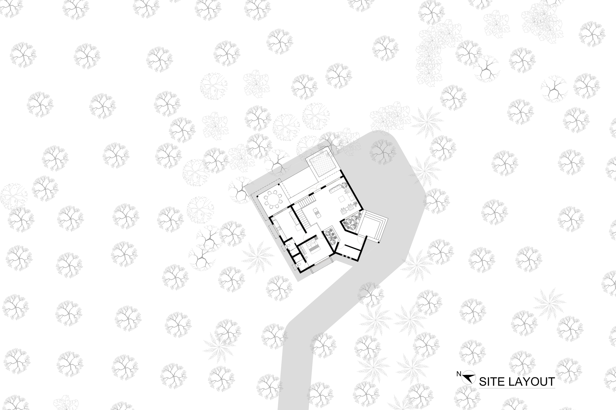 Site plan drawing depicting a residence with angled wings amid scattered tree canopy symbols and a driveway
