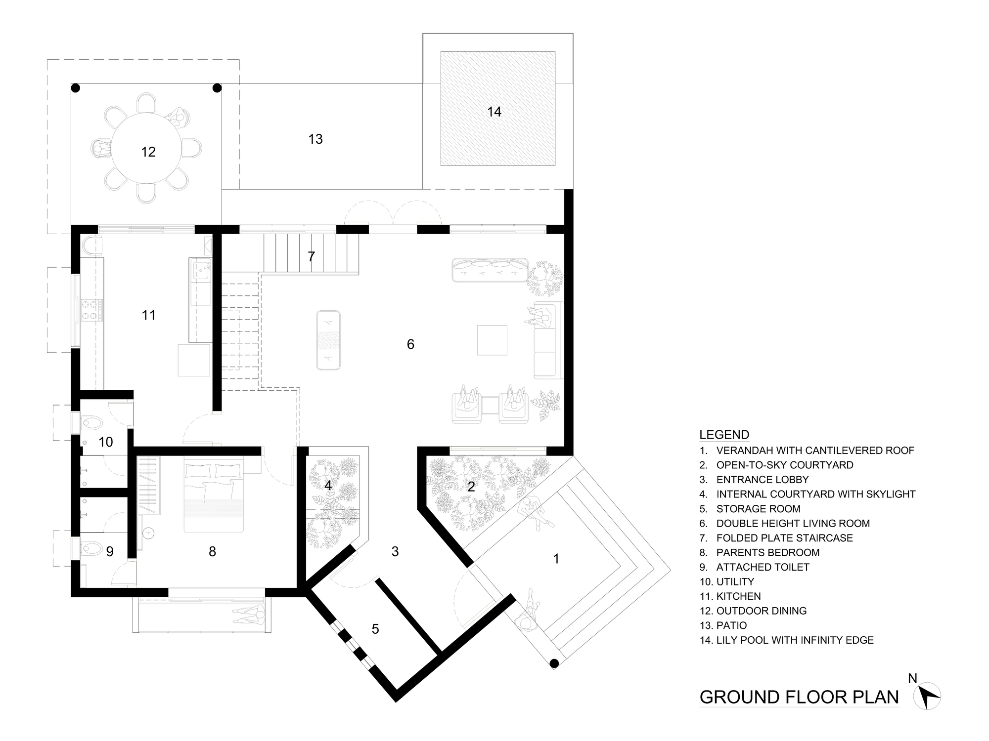 Ground floor plan drawing indicating rooms organized around courtyards with labeled spaces and a pool edge