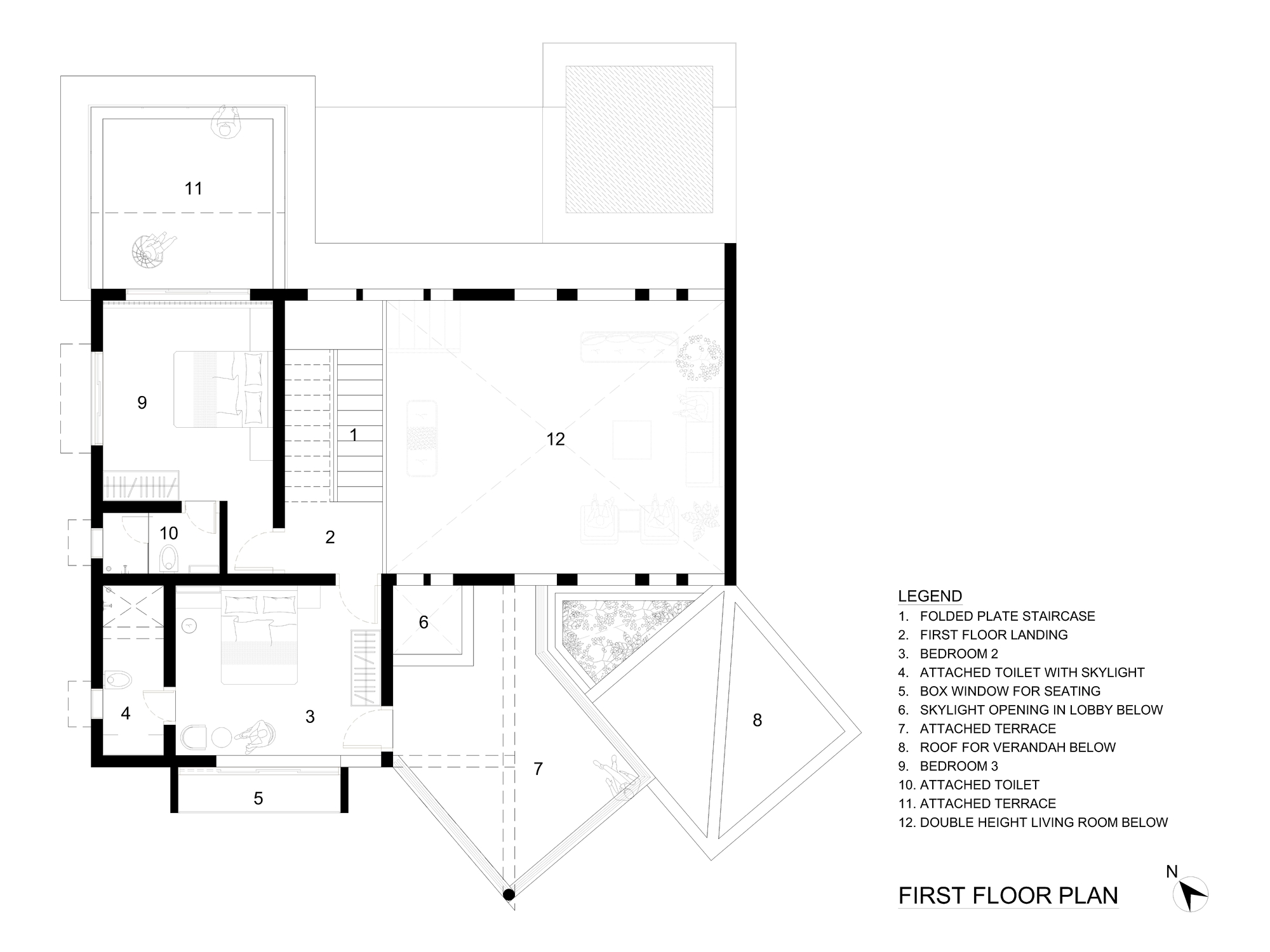 First floor plan drawing showing a central double-height living room with adjacent bedrooms and angular terrace extensions