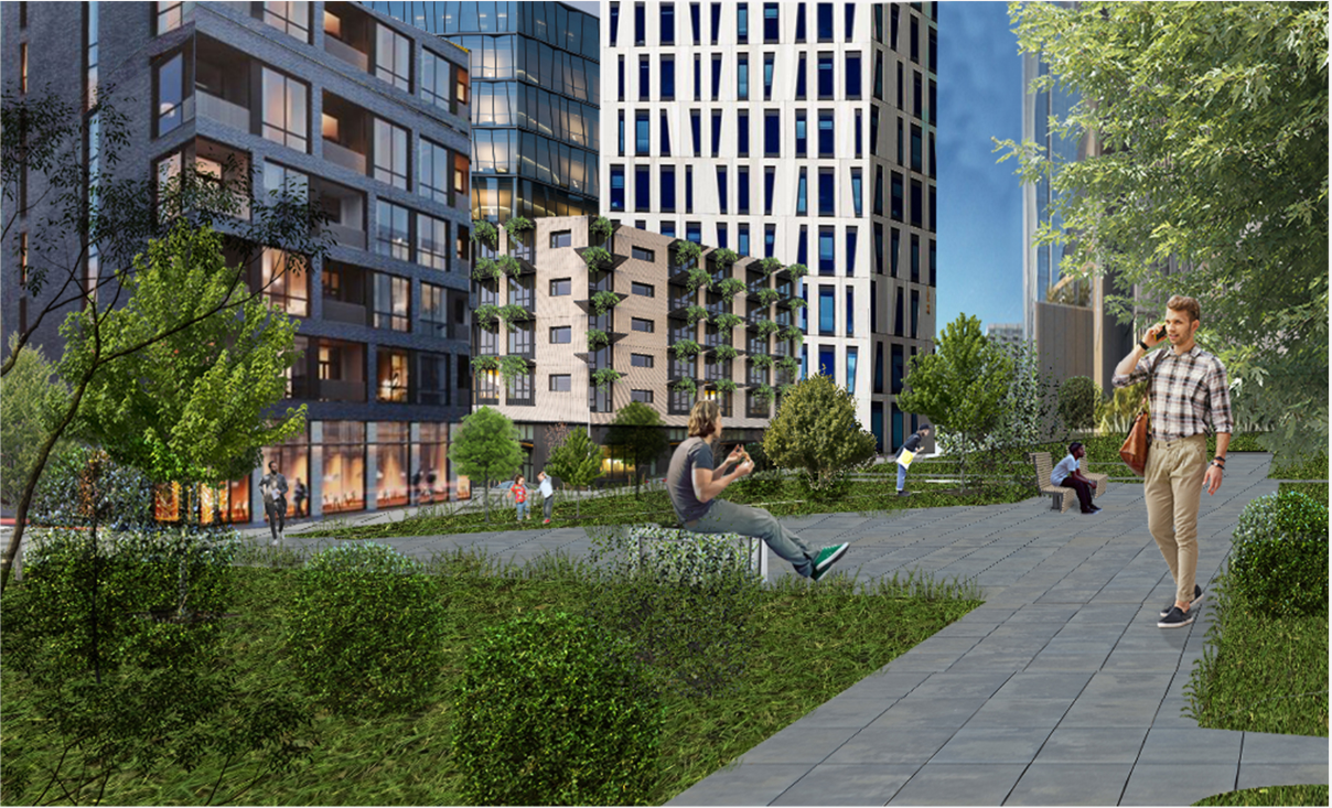 Architectural rendering of mixed-use towers with planted courtyards and pedestrian pathways on a sunny day