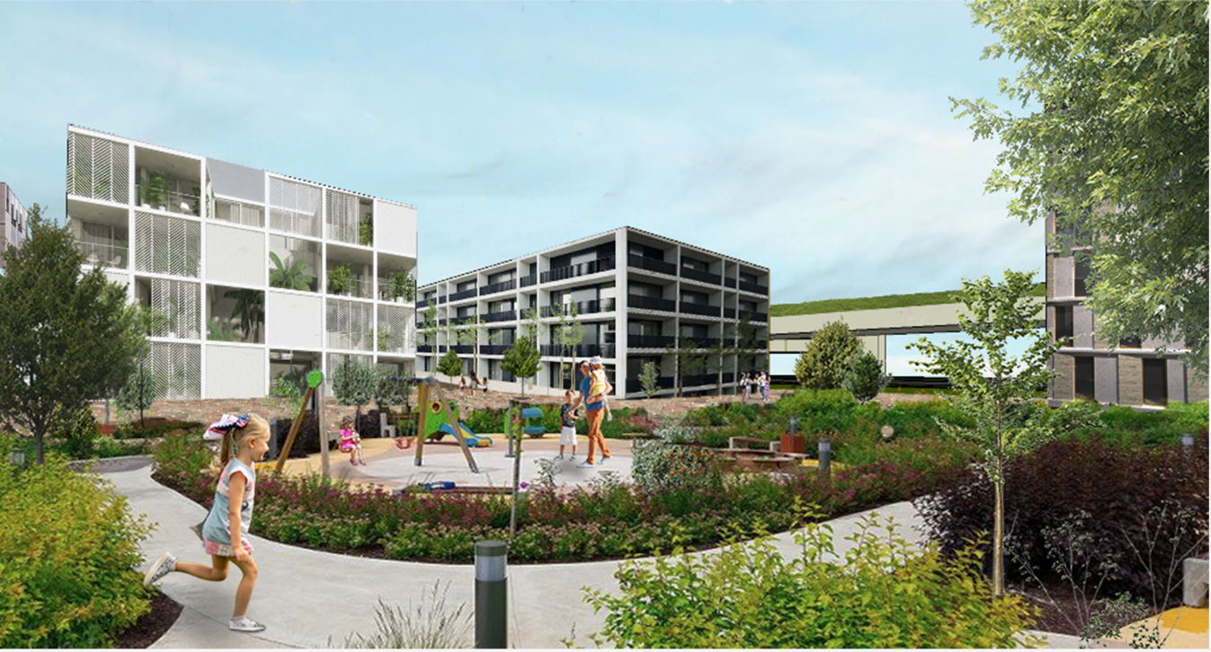 Rendering of residential blocks with planted courtyard gardens and residents walking under a bright sky