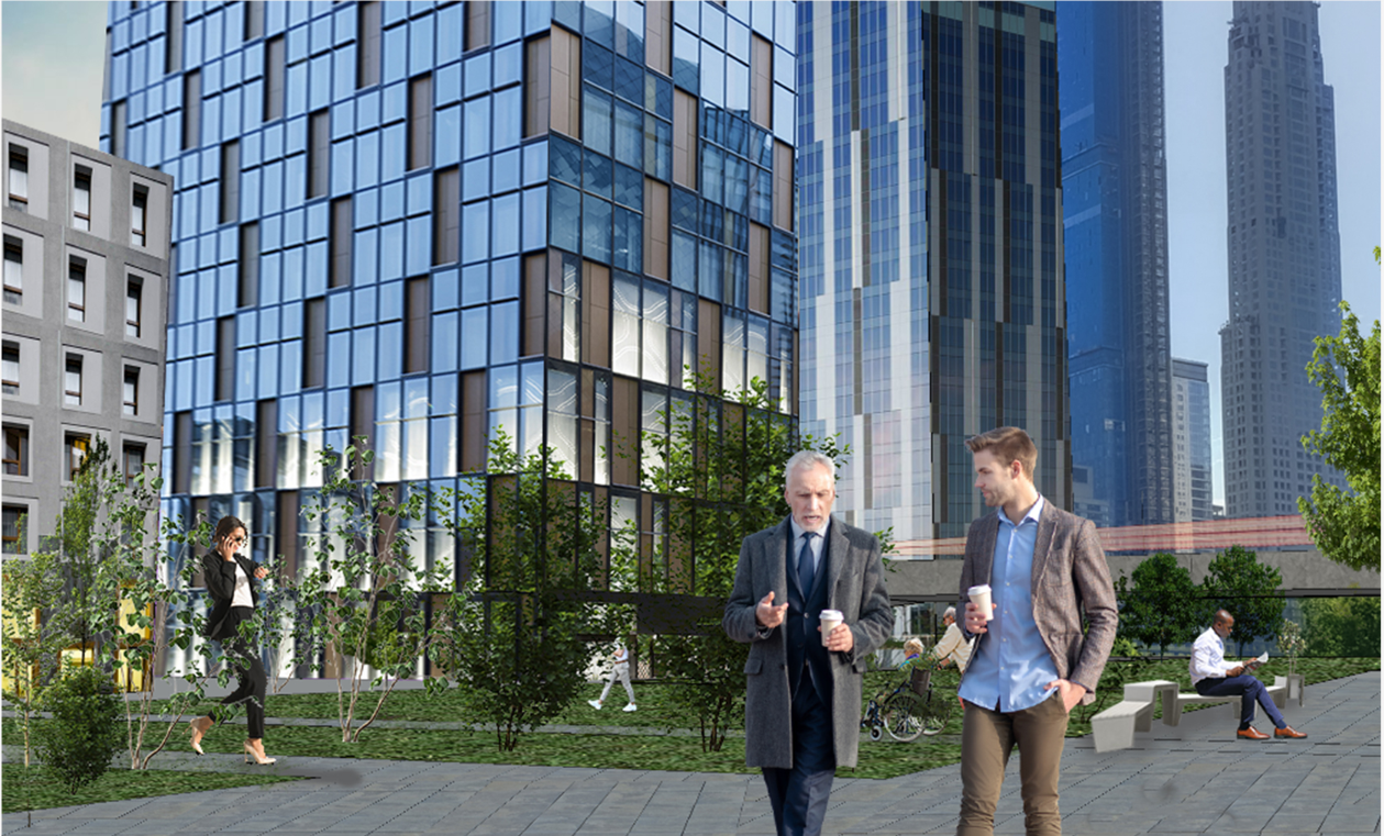 Street-level rendering of glass tower facades with linear planted beds and pedestrians in conversation