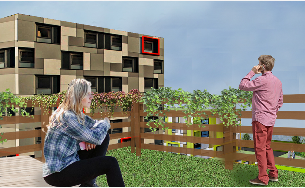 Rooftop terrace with horizontal timber slat railing and chequered facade building beyond under clear skies