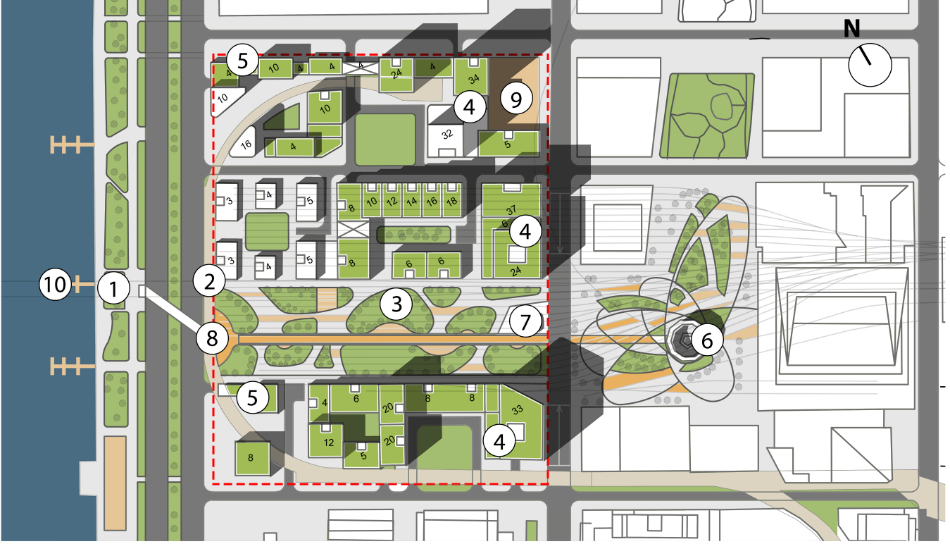Site plan drawing showing numbered blocks arranged around courtyards with planted zones and circulation paths