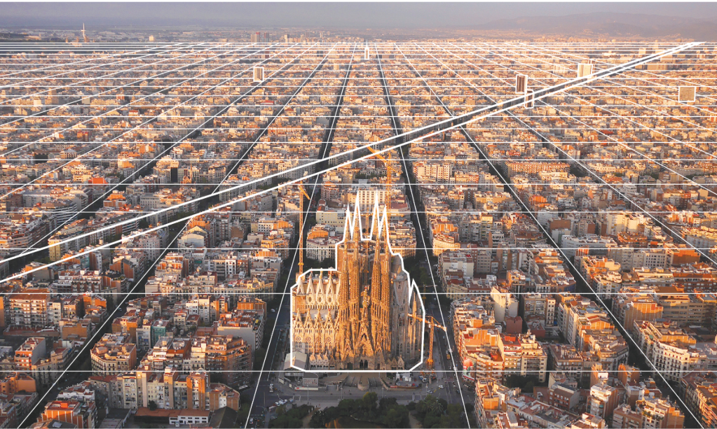 Aerial view with perspectival grid overlay converging on a Gothic cathedral in warm evening light