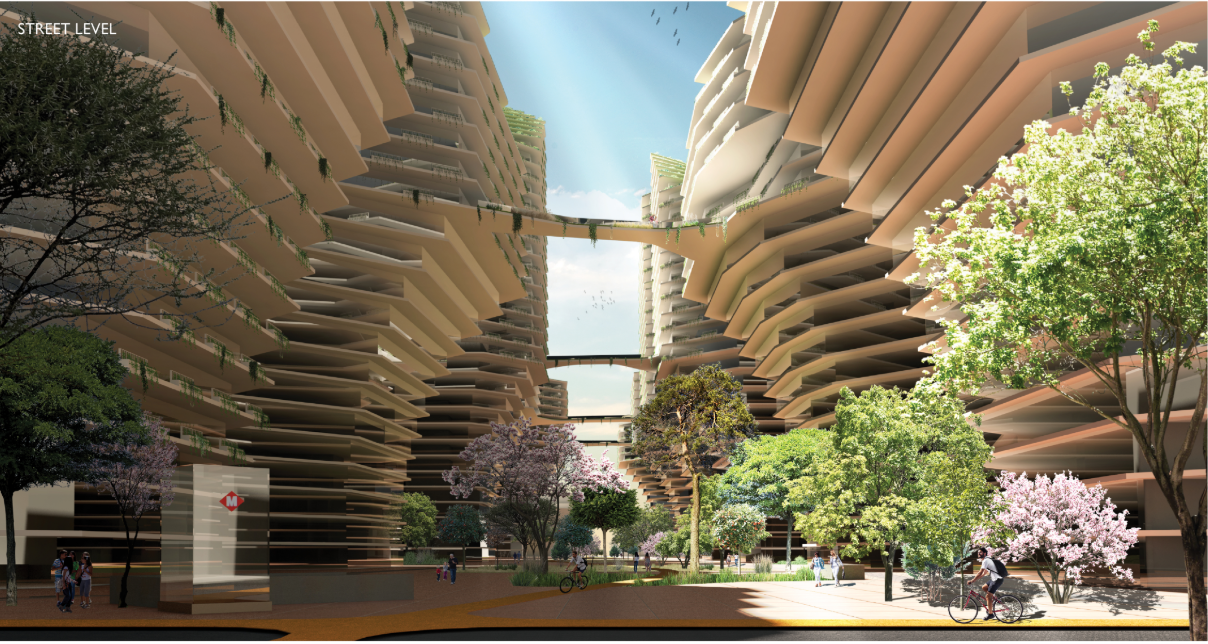 Street-level courtyard between two terraced residential towers with planted trees and pedestrians in dappled sunlight