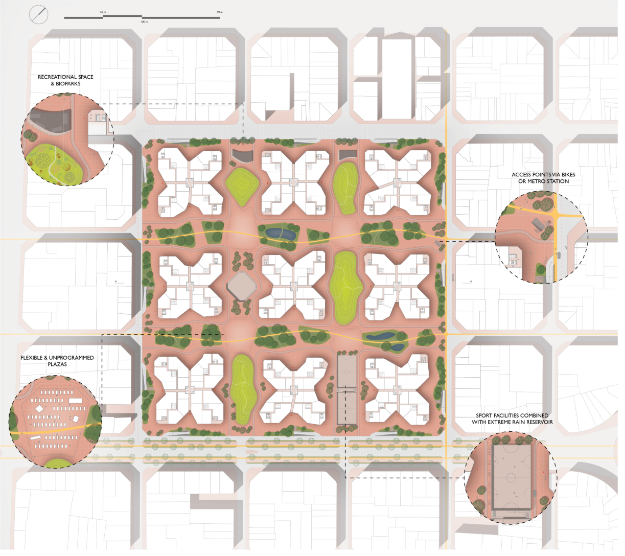 Site plan drawing showing nine clover-shaped building footprints with central landscaped zones and annotated circulation callouts