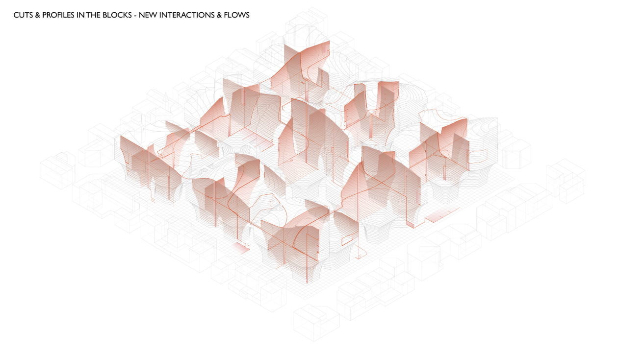 Isometric drawing illustrating vertical cuts through multiple block volumes with transparent layering and interconnected flows