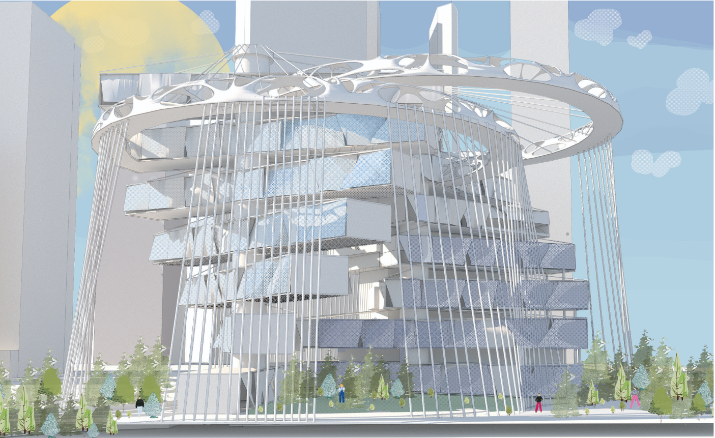 Street-level view highlighting the rotating modules, lightweight structural envelope, and elevated rooftop trail.