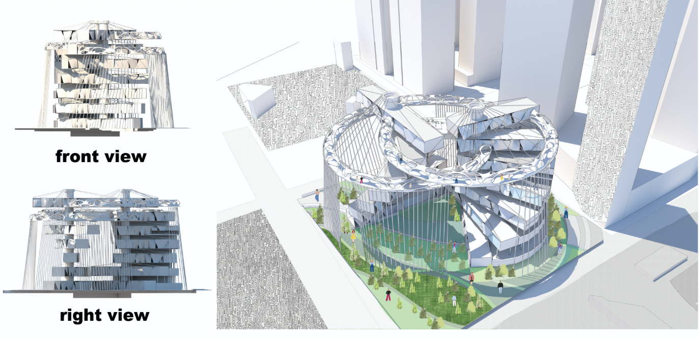 Front, side, and aerial views reveal the building’s circular form and landscaped public spaces.
