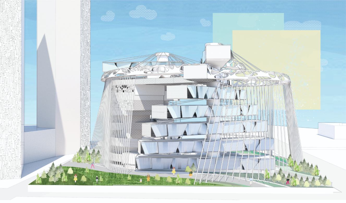 Perspective rendering showing stacked movable floors framed by an organic rooftop loop and tensile structure.