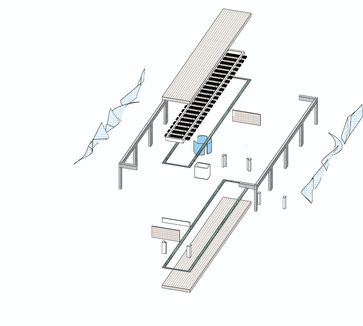Exploded axonometric illustrating the building’s structural frame, circulation core, and modular assembly system.
