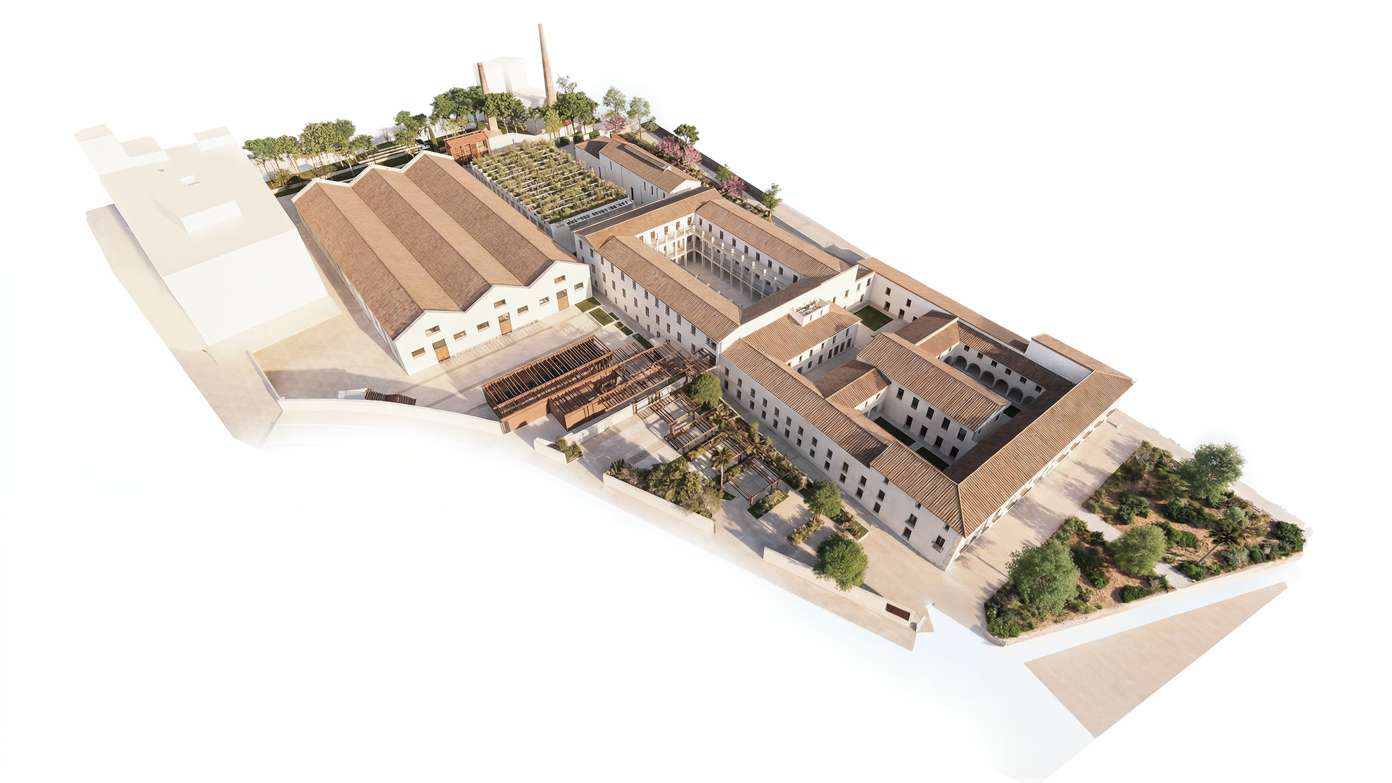 Axonometric model showing the complex of courtyards, arcades and tiled roofs with planted areas