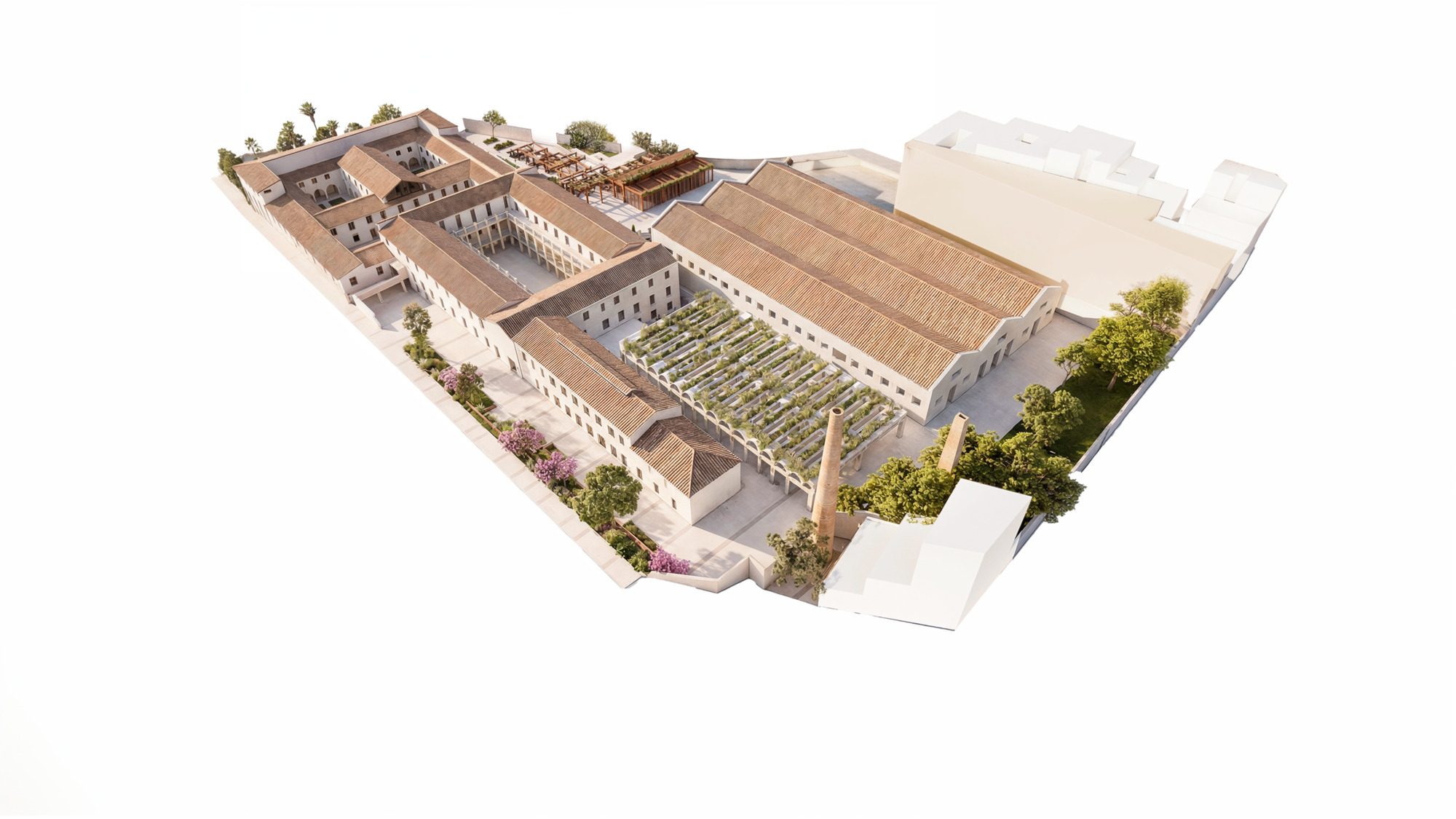 Axonometric model view revealing the arcaded courtyards and glass-roofed hall within the complex