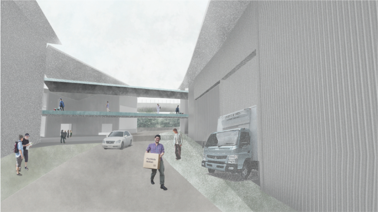 Service routes and logistics spaces support the building’s circular fashion ecosystem.