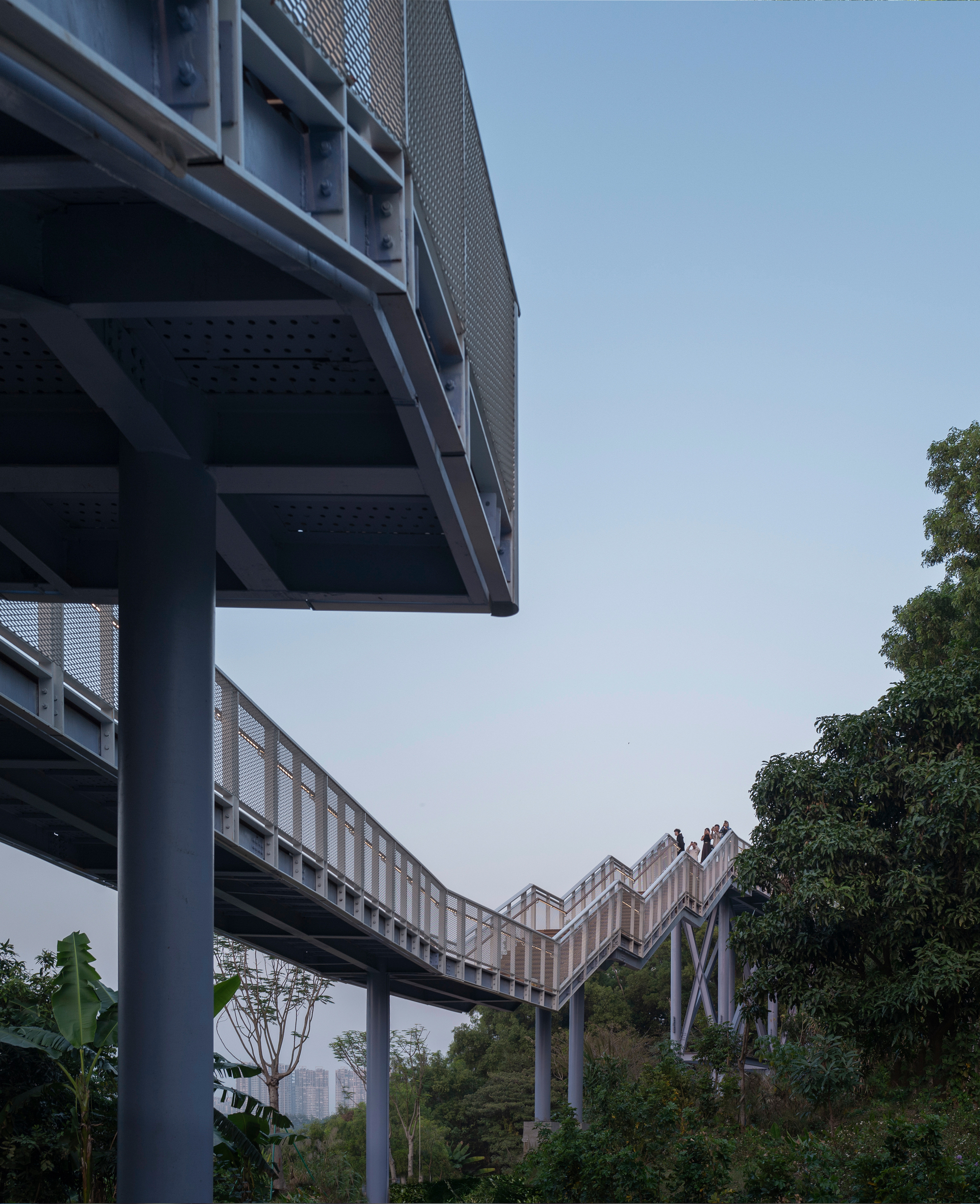 Elevated walkway with steel columns and perforated metal screens rising above tropical vegetation at dusk
