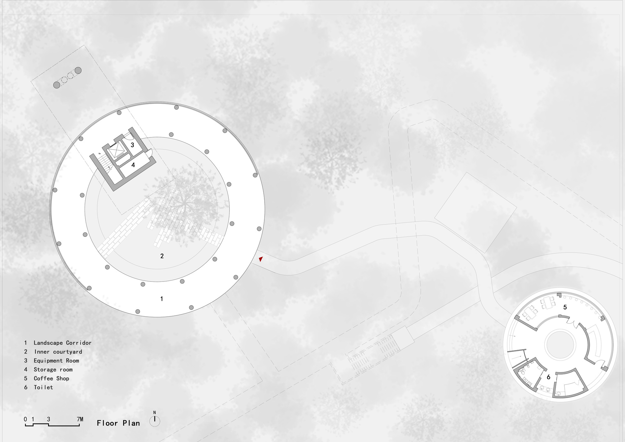 Floor plan drawing showing a circular structure with adjacent rectangular pavilion and surrounding landscape